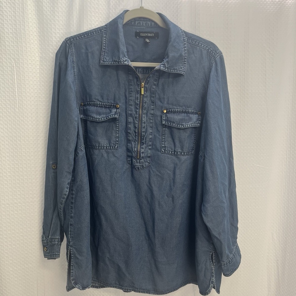 Ellen Tracy Blue Chambray Gold Zipper‎ Tunic Top Coastal Cowgirl Classic 1X
